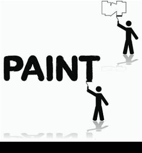 "Icon illustration of a man painting a wall and also the word "paint""