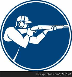 Icon illustration of a man with shotgun shooting aiming in trap shooting sport viewed from side set inside circle on isolated background done in retro style.