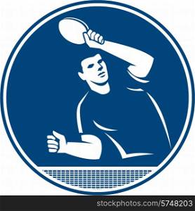 Icon illustration of a table tennis player with racket serving returning serve viewed from side front set inside circle on isolated background done in retro style.