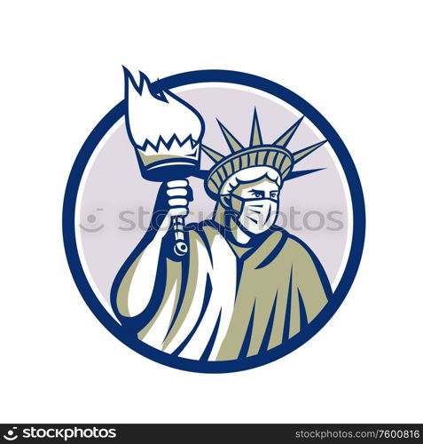 Icon illustration of American statue of liberty wearing a surgical mask to prevent from infection and holding up a flaming torch viewed from side in circle isolated background done in retro style.. Statue of Liberty Wearing Surgical Mask Circle Icon