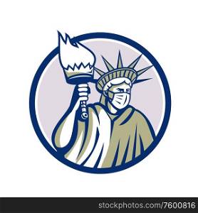 Icon illustration of American statue of liberty wearing a surgical mask to prevent from infection and holding up a flaming torch viewed from side in circle isolated background done in retro style.. Statue of Liberty Wearing Surgical Mask Circle Icon