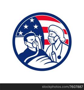 Icon illustration of an American nurse, medical doctor, healthcare professional wearing surgical mask caring for infectious COVID-19 coronavirus patient with USA stars and stripes flag in retro style.. Nurse Caring For COVID-19 Patient USA Flag Circle Icon Retro