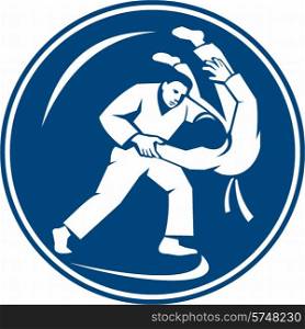 Icon illustration of judo combatants throw takedown set inside circle on isolated background done in retro style.