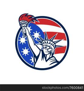 Icon illustration of statue of liberty wearing a surgical mask holding up a flaming torch with Covid-19, coronavirus american flag stars and stripes background set inside a circle done in retro style.. Statue of Liberty With Mask Covid-19 Flag Icon