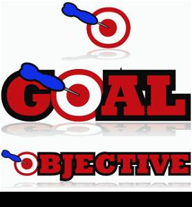 Icon illustration showing a dart hitting a target and being part of the words GOAL and OBJECTIVE