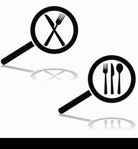 Icon illustration showing a magnifying glass searching for a restaurant (cutlery)