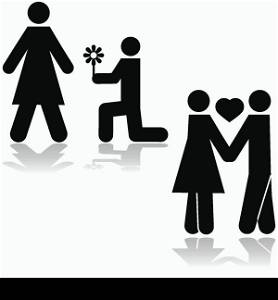 Icon illustration showing a man kneeling with a flower in front of a woman and then the couple holding hands