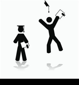 Icon illustration showing a student carrying a diploma and wearing a graduation hat and then jumping