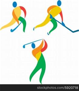 Icon illustration showing athlete playing the sport of field hockey, ice hockey and golf.