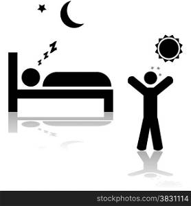 Icon illustration showing one person sleeping at night and another waking up during the day