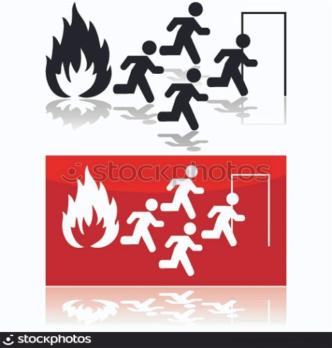 Icon illustration showing people running from a fire towards a door