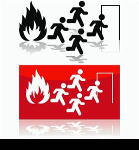 Icon illustration showing people running from a fire towards a door