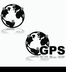 Icon illustration showing planet Earth with many location identifiers and also with the word GPS