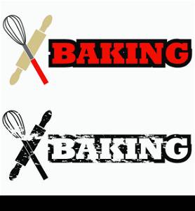 Icon illustration showing some kitchen utensils beside the word Baking
