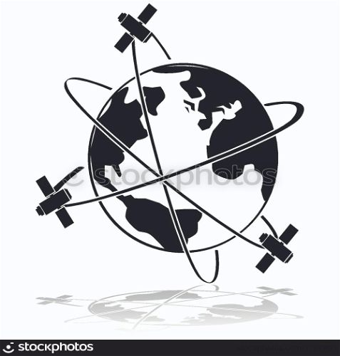 Icon illustration showing three satellites orbiting Earth
