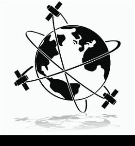 Icon illustration showing three satellites orbiting Earth