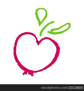 Icon in hand draw style. Apple. Drawing with wax crayons, colored chalk, children&rsquo;s creativity. Vector illustration. Sign, symbol, pin, sticker. Icon in hand draw style. Drawing with wax crayons, children&rsquo;s creativity