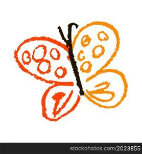 Icon in hand draw style. Butterfly. Drawing with wax crayons, children&rsquo;s creativity. Vector illustration. Sign, symbol, pin, sticker. Icon in hand draw style. Drawing with wax crayons, children&rsquo;s creativity