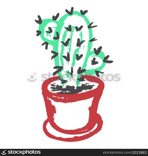Icon in hand draw style. Cactus. Drawing with wax crayons, colored chalk, children&rsquo;s creativity. Vector illustration. Sign, symbol, pin. Icon in hand draw style. Drawing with wax crayons, children&rsquo;s creativity