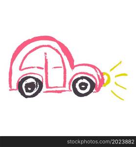 Icon in hand draw style. Car. Drawing with wax crayons, colored chalk, children&rsquo;s creativity. Vector illustration. Sign, symbol, pin. Icon in hand draw style. Drawing with wax crayons, children&rsquo;s creativity