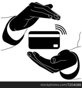 Icon logo of hands holding contactless card payment system. POS, NSF technology, non-cash payment, card payment, icons in black on an isolated white background. EPS 10 vector. Icon logo of hands holding contactless card payment system. POS, NSF technology, non-cash payment, card payment, icons in black on an isolated white background. EPS 10 vector.