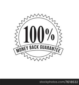 Icon mark seal sign illustration showing 100% Percent Money Back Guarantee stamp, rosette or badge on isolated background done in retro black and white style.. 100% Percent Money Back Guarantee Stamp Mark Seal Sign Black and White
