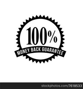 Icon mark seal sign illustration showing 100% Percent Money Back Guarantee stamp, rosette or badge on isolated background done in retro black and white style.. 100% Percent Money Back Guarantee Stamp Mark Seal Sign Black and White