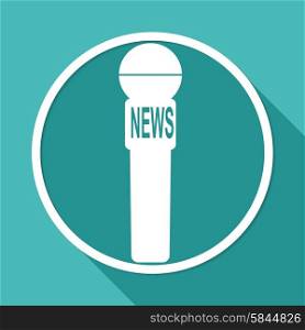 Icon news microphone on white circle with a long shadow