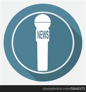 Icon news microphone on white circle with a long shadow