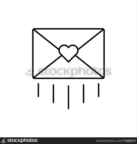 Icon of a sent letter mail envelope with a heart shape. Love message design symbol. Thin outline style vector illustration.