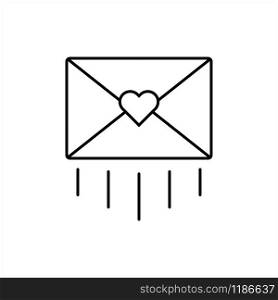 Icon of a sent letter mail envelope with a heart shape. Love message design symbol. Thin outline style vector illustration.