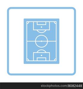 Icon of aerial view soccer field. Blue frame design. Vector illustration.