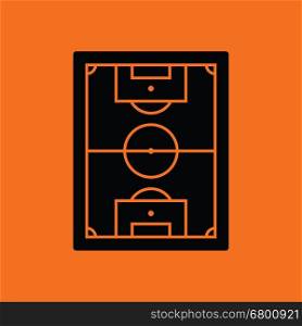 Icon of aerial view soccer field. Orange background with black. Vector illustration.