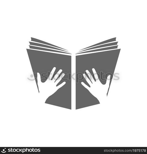 icon of an open book. Hands holding an open book. Flat style.