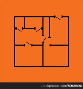 Icon of apartment plan. Orange background with black. Vector illustration.