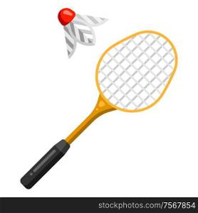 Icon of badminton racket and shuttlecock in flat style. Stylized sport equipment illustration.. Icon of badminton racket and shuttlecock in flat style.
