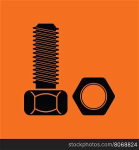 Icon of bolt and nut. Orange background with black. Vector illustration.