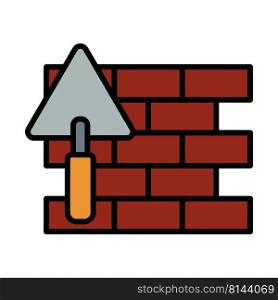 Icon Of Brick Wall With Trowel. Editable Bold Outline With Color Fill Design. Vector Illustration.