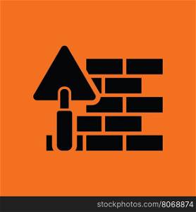 Icon of brick wall with trowel. Orange background with black. Vector illustration.