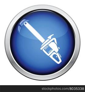 Icon of chain saw. Glossy button design. Vector illustration.