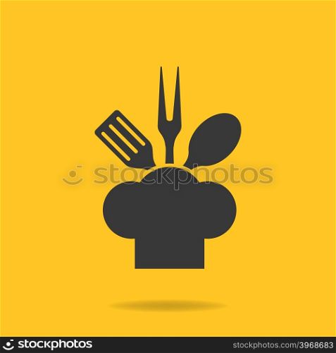 Icon of Chef, cook cap with fork, spoon and fry shovel