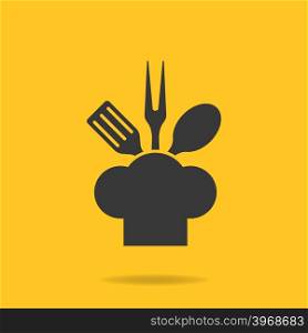 Icon of Chef, cook cap with fork, spoon and fry shovel