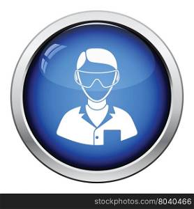Icon of chemist in eyewear . Glossy button design. Vector illustration.