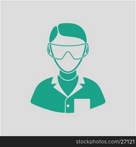 Icon of chemist in eyewear. Gray background with green. Vector illustration.