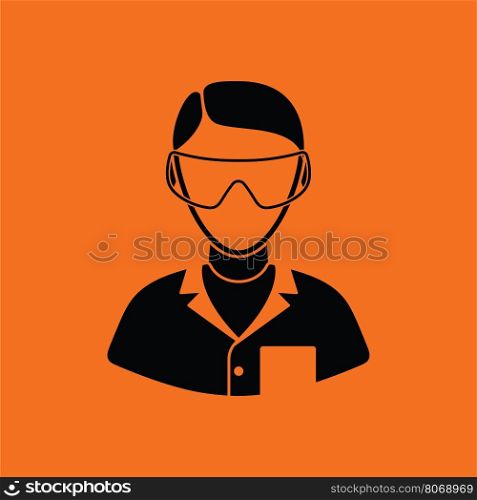 Icon of chemist in eyewear. Orange background with black. Vector illustration.