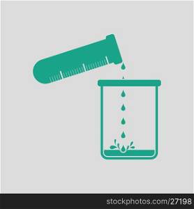 Icon of chemistry beaker pour liquid in flask. Gray background with green. Vector illustration.