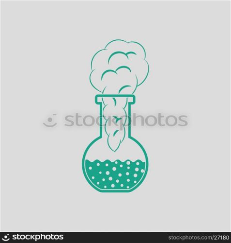 Icon of chemistry bulb with reaction inside. Gray background with green. Vector illustration.