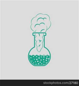 Icon of chemistry bulb with reaction inside. Gray background with green. Vector illustration.