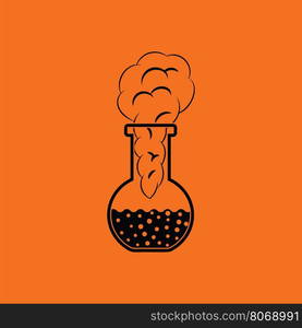 Icon of chemistry bulb with reaction inside. Orange background with black. Vector illustration.