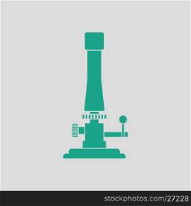 Icon of chemistry burner. Gray background with green. Vector illustration.